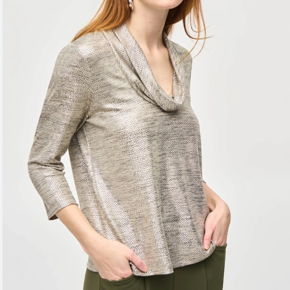 Joseph Ribkoff Gold Metallic Knit Cowl Neck Top